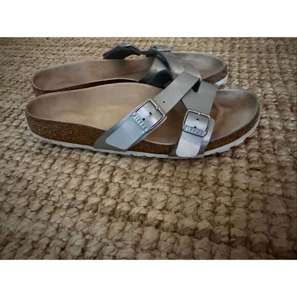 Birkenstock Shoes - Birkenstock Silver Cross Strap Sandals 39 Women Comfort Cork Footbed Germany